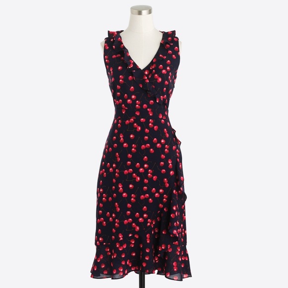 J. Crew Dresses & Skirts - J. Crew Navy and Red Faux Wrap Ruffle Sleeveless Dress with Cherries - 12